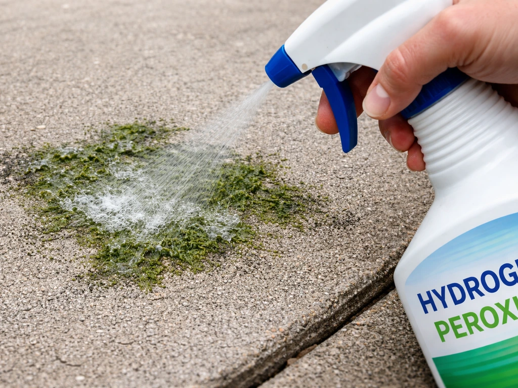 Spray misting oxygen-based cleaner onto green algae on concrete patio, droplets soaking in.