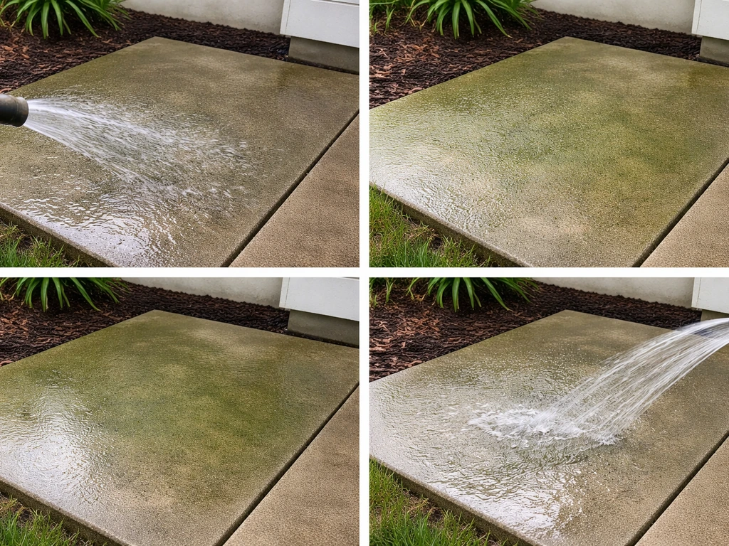 Patio algae cleaner application shown as four simple panels: pre-wet, apply, dwell, then rinse with hose