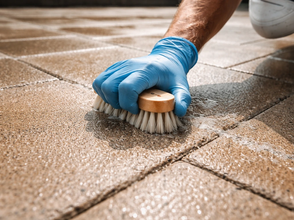 Close-up of cleaned concrete patio surface being scrubbed for safe resealing after sealer remover