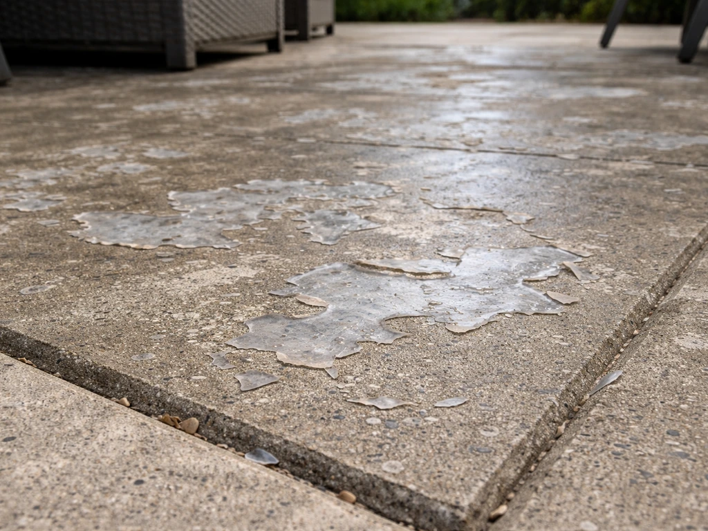 Close-up of an outdoor patio with a peeled, flaking sealer film on the concrete surface.