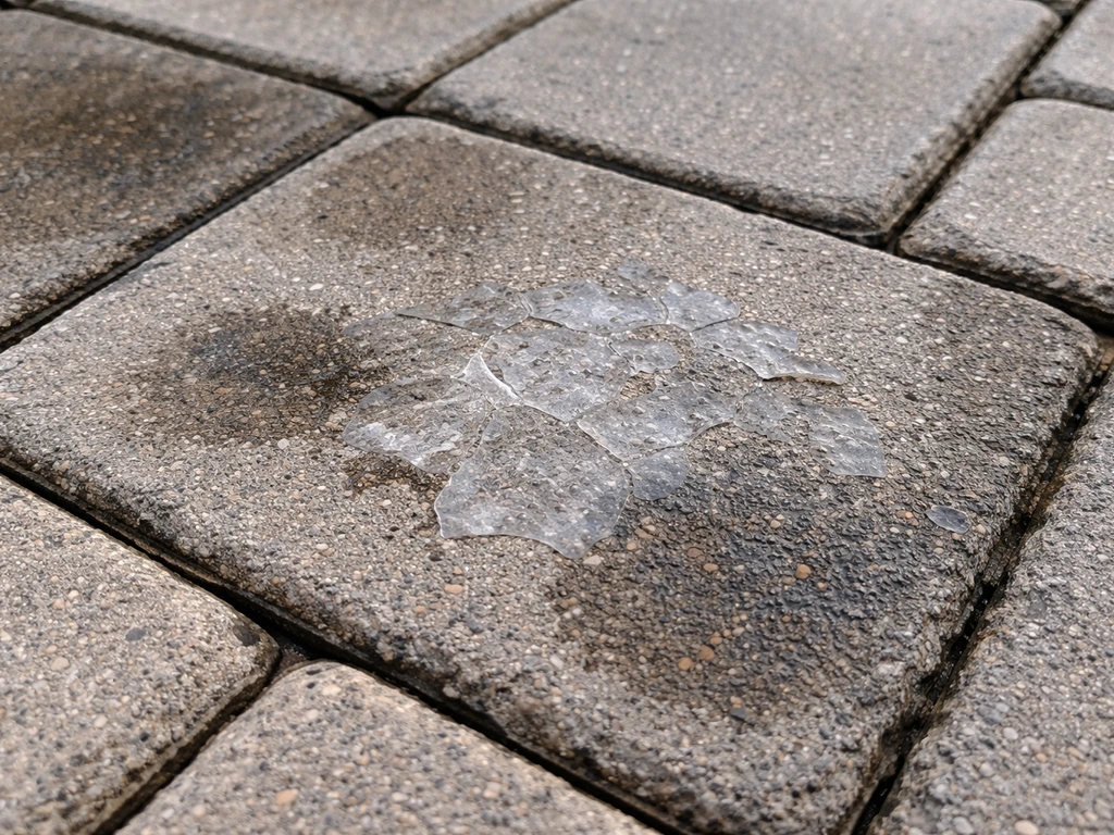 Close-up of concrete pavers showing flaking, peeling sealer and nearby damp spots.