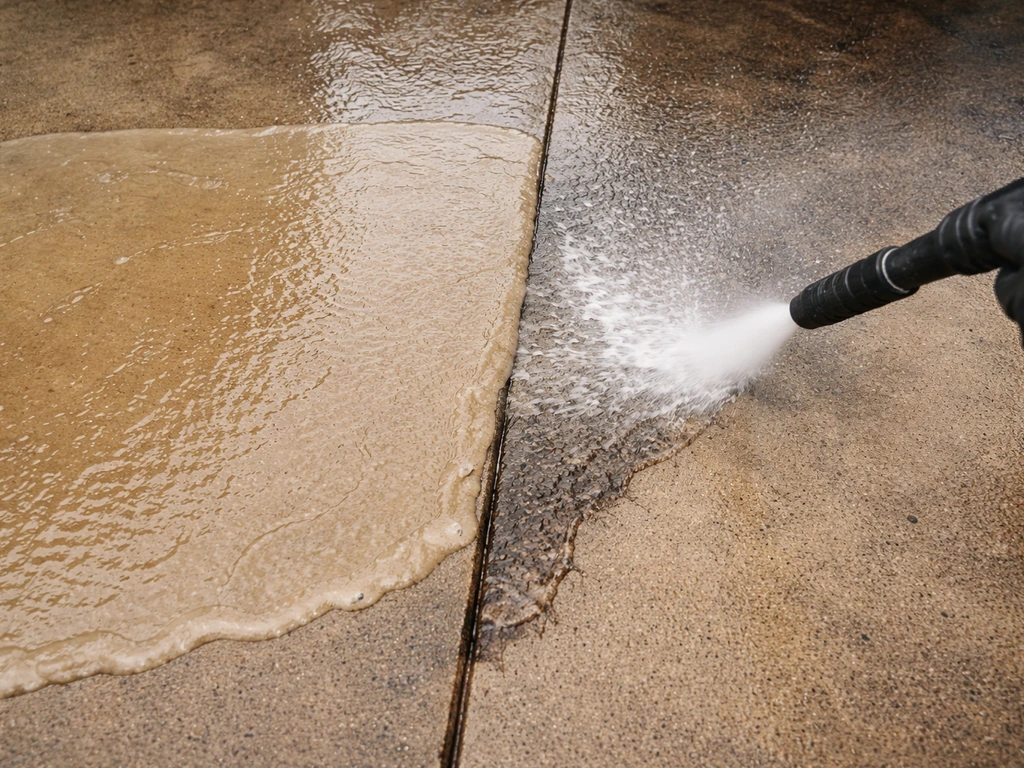 Clean work surface showing chemical remover dwell on one area and pressure-washer rinse on another, loosened residue vis