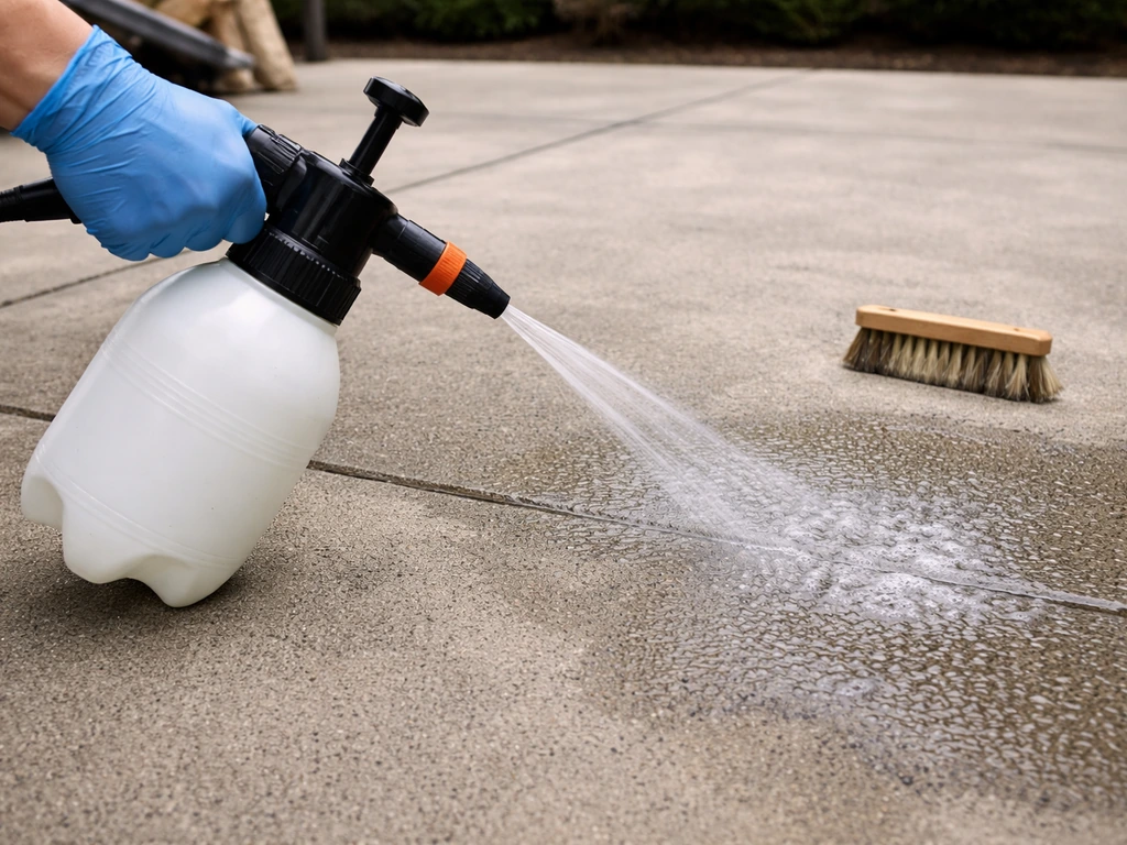 Hand using pump sprayer to apply patio sealer remover on a swept concrete patio, ready for scrubbing