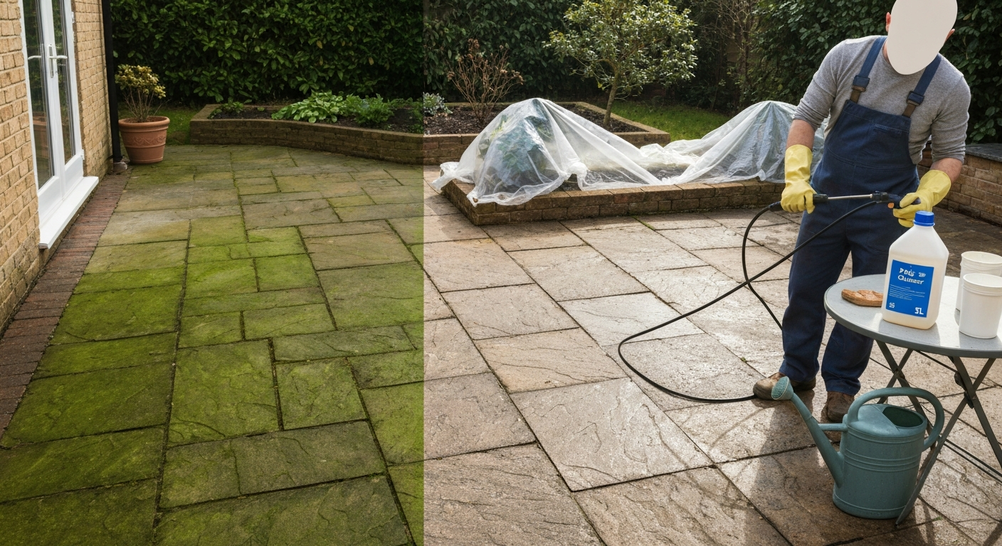 Wide daytime photo of a patio half-covered in green algae and half cleaned; a person wearing gloves and goggles sprays cleaner from a garden sprayer while nearby plants are covered with plastic.
