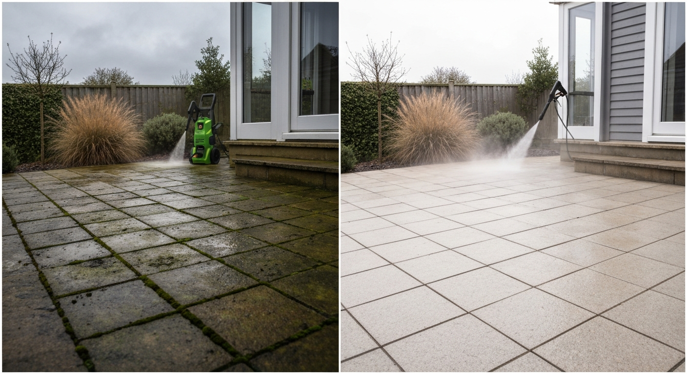 Split-view patio before (mossy, stained) and after pressure washing (clean, dry) with a pressure washer in the background