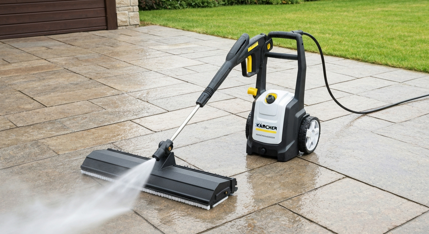 Kärcher K4 pressure washer with T‑Racer surface cleaner attached, cleaning a patio.