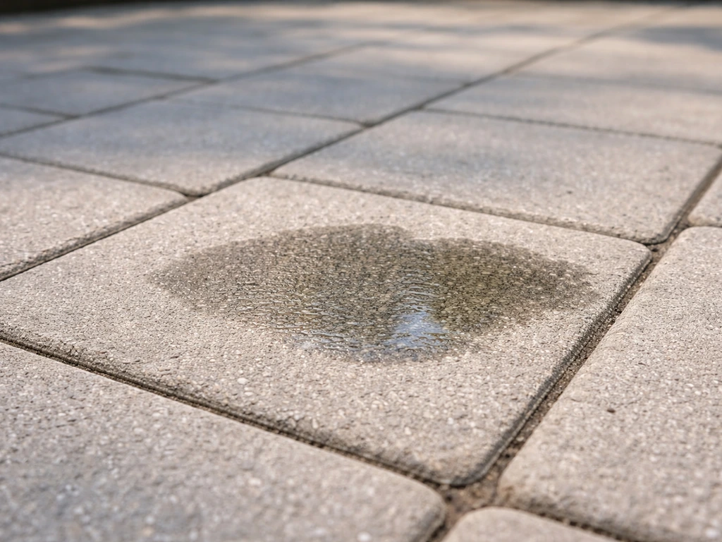 Close-up of a patio surface with a small dark oily patch contrasting a clean area
