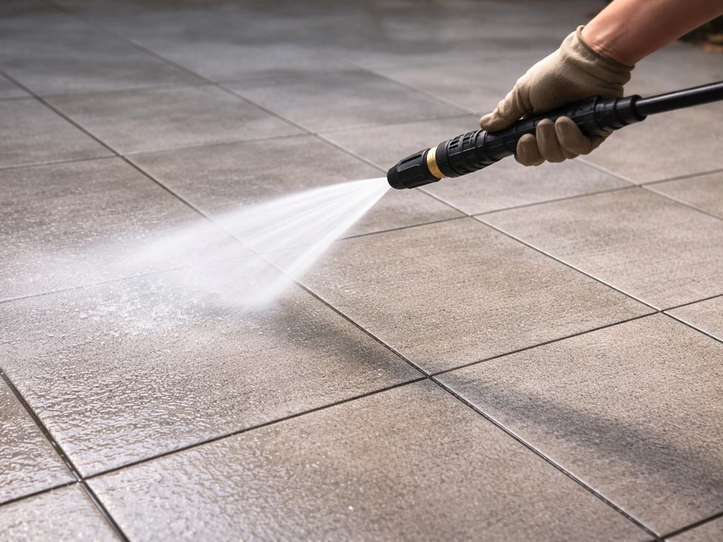Porcelain patio tiles being gently pressure washed with a wand at safe distance; grout stays intact.