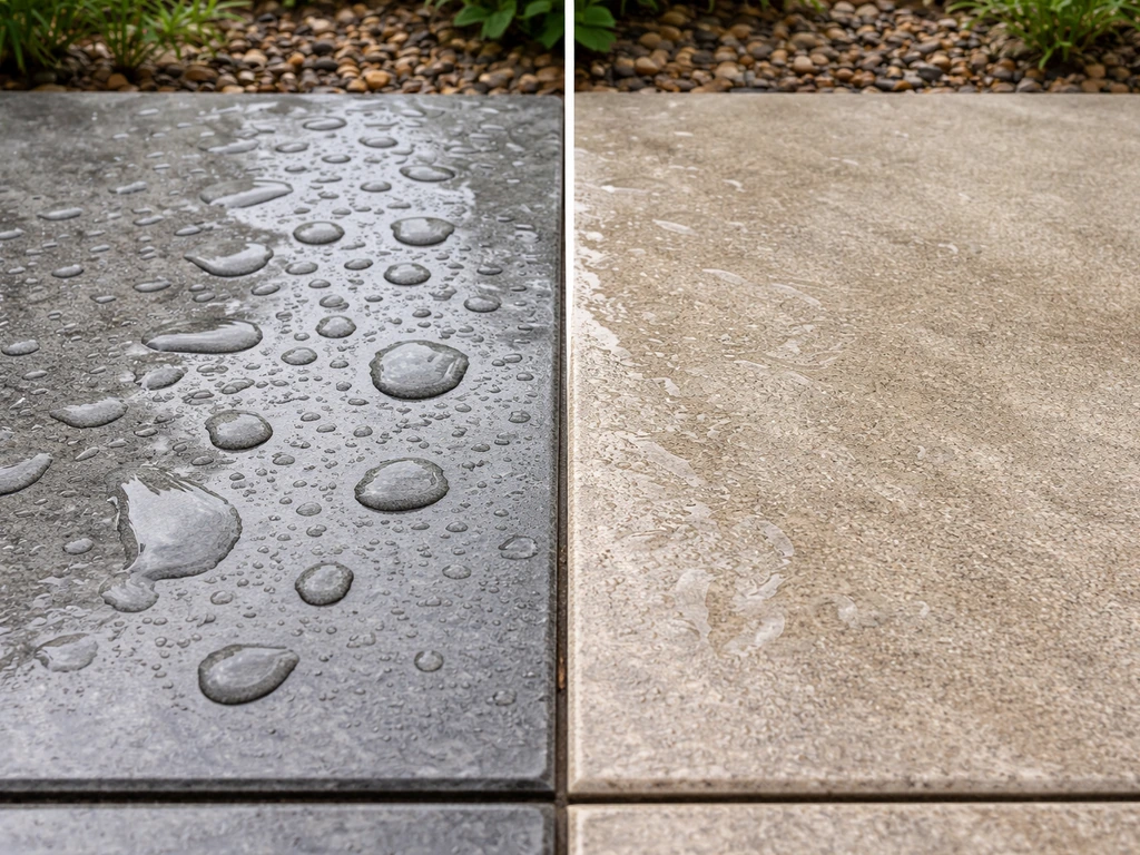 Side-by-side glazed and unglazed porcelain patio tiles showing glossy sheen vs matte absorption after wetting