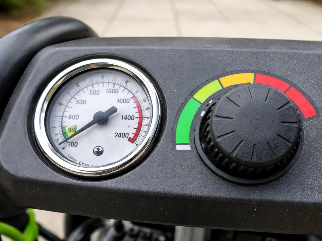 Close-up of a pressure washer control dial/gauge set below 1,600 PSI with clear low-pressure indicator