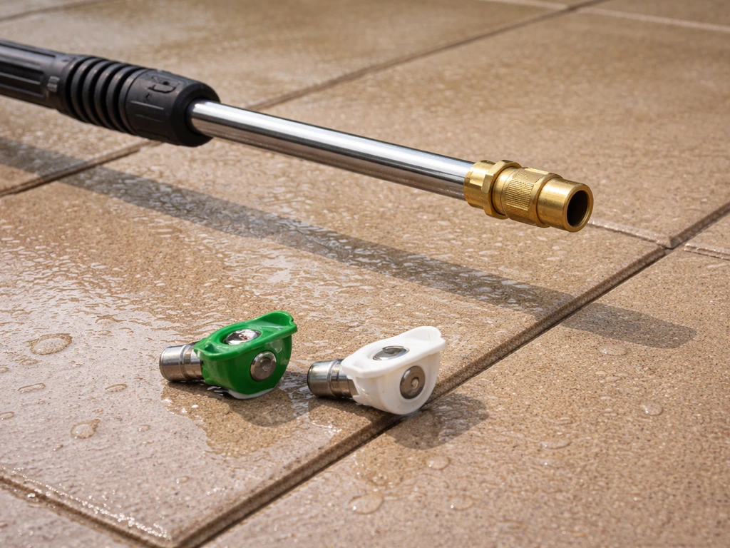 Pressure-washing wand hovering 12–18 inches above patio tile with green 25° and white 40° fan nozzles.