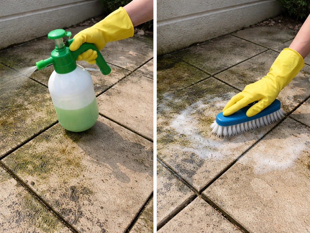 Gloved hands pre-treating algae-stained outdoor porcelain patio tiles with a diluted cleaner sprayer.