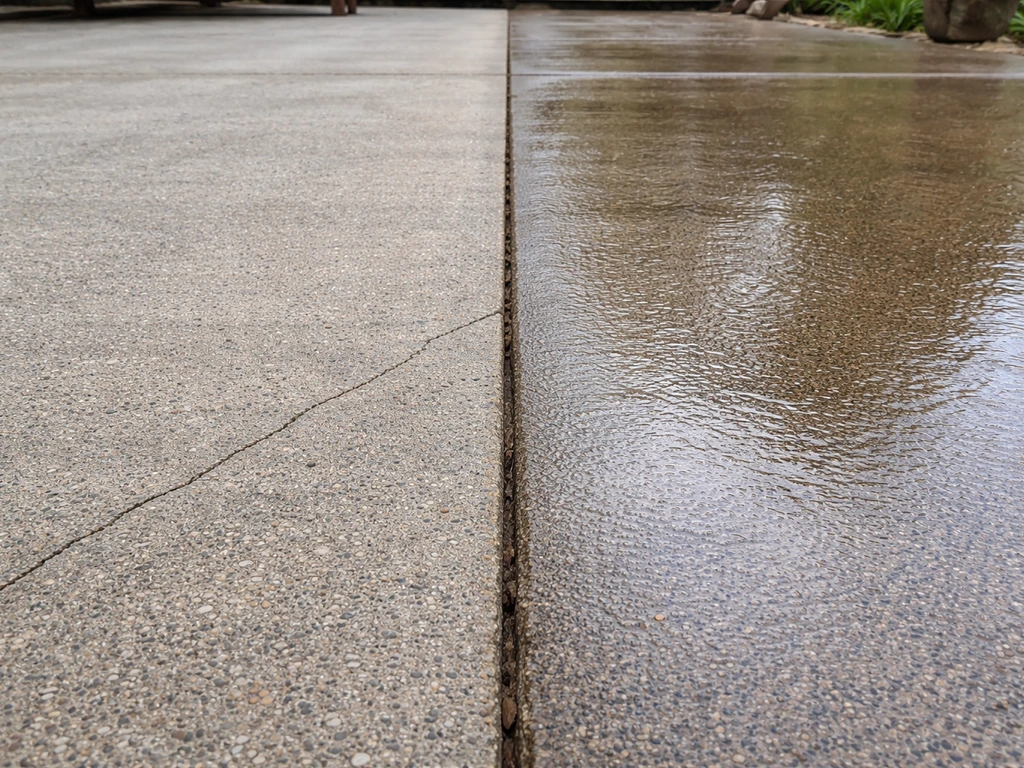 Side-by-side patio concrete: dry matte left vs freshly sealed wet-look sheen right.