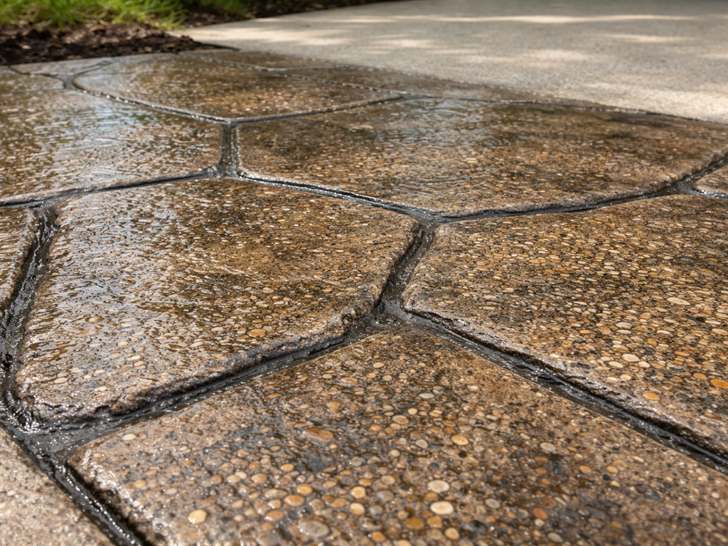 Close-up of wet-look sealed stamped concrete showing enhanced texture and subtle sheen.