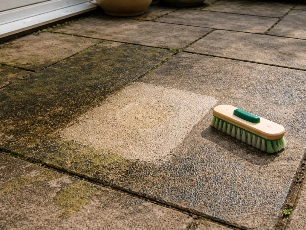 Cleaned patio surface with algae/moss residue removed, ready for wet-look sealer
