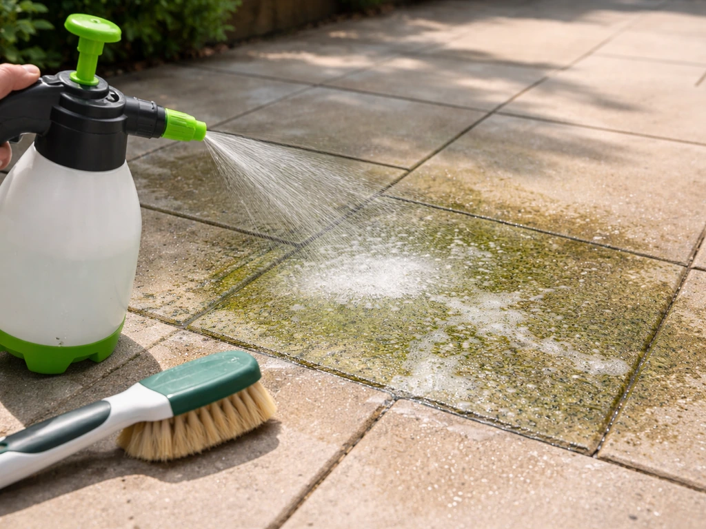 Bright patio after cleaning, with a sprayer and scrub brush treating algae/mold stains