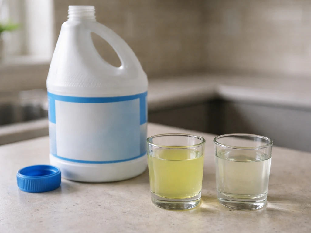 Close-up of a bleach bottle label area with two small cups of pale liquid showing undiluted vs diluted.
