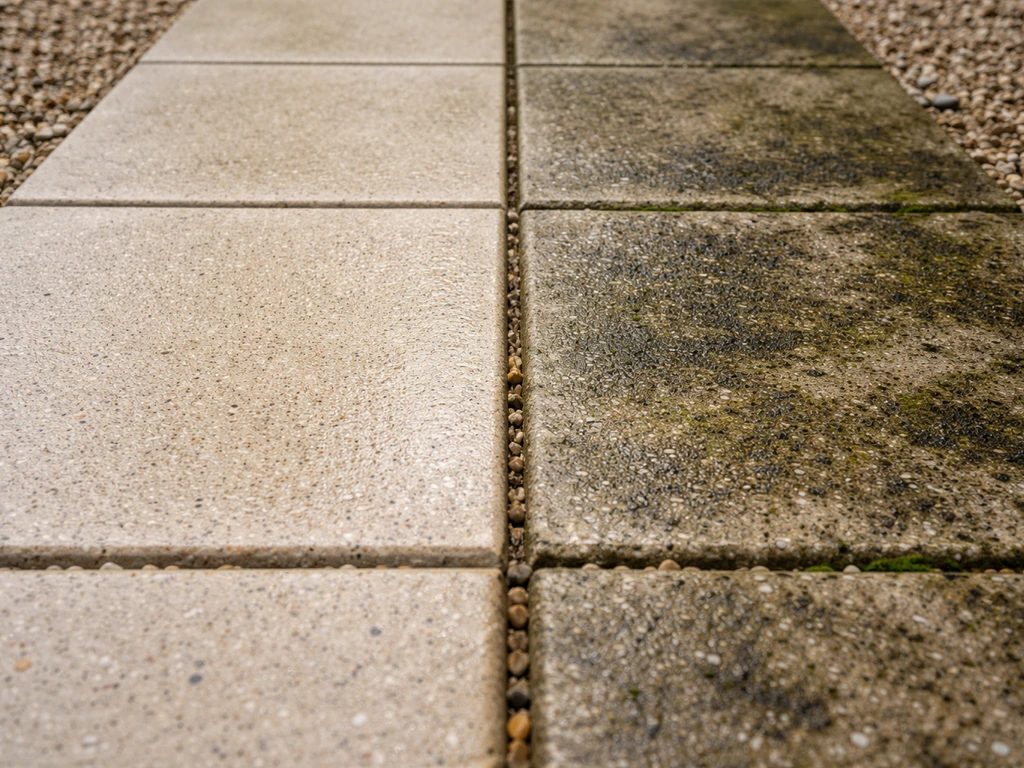 Patio walkway with two adjacent sections: one algae-free after bleach dwell, one still dirty with heavy grime