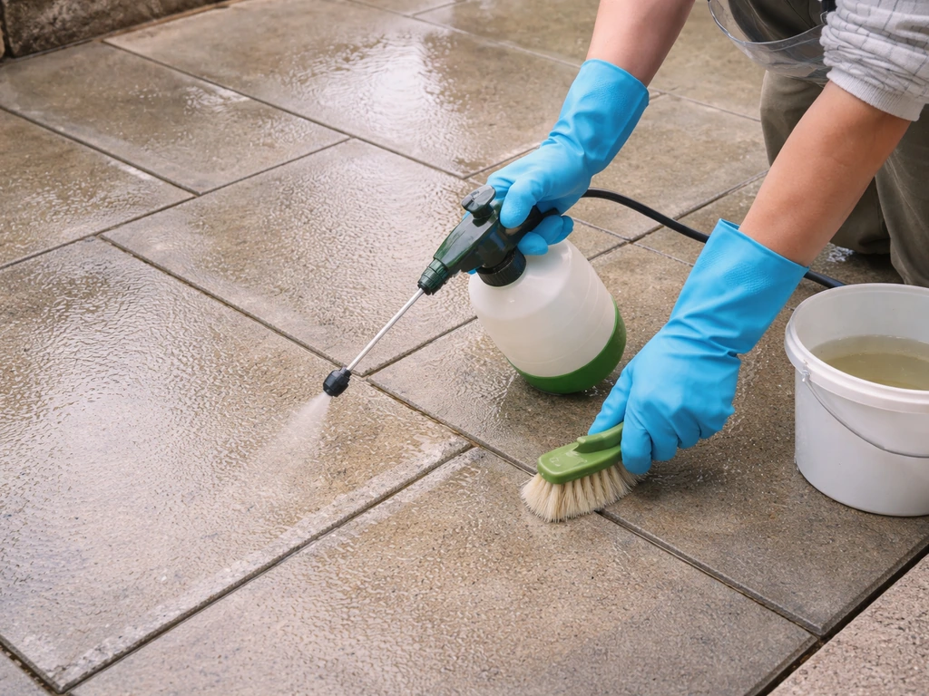Gloved hands pre-wet patio and spray/brush sodium hypochlorite solution into damp grout lines