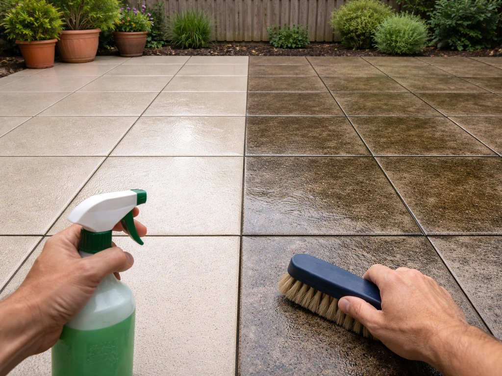 Outdoor patio tiles with a visible brush and spray, showing clean vs dirty sections side by side.