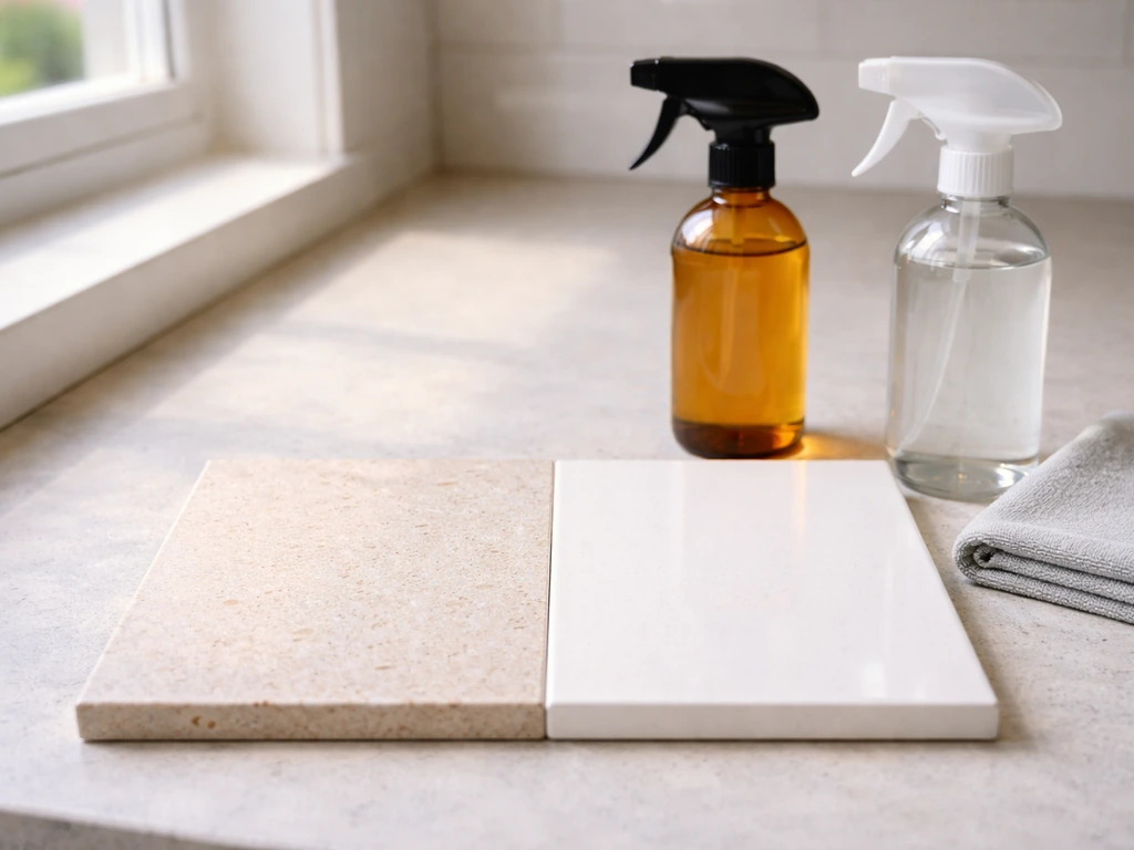 Close-up of two tile textures with two unlabeled spray bottles and microfiber cloth for safer cleaning choice.