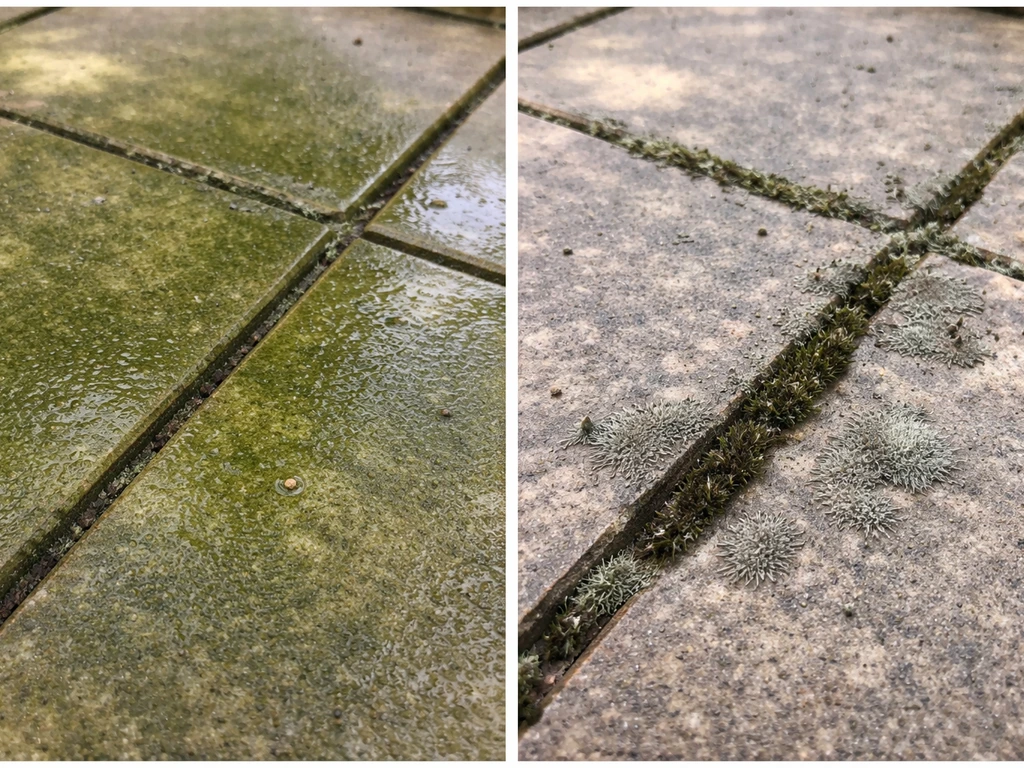 Side-by-side patio tile closeups showing green algae film, fuzzy mold patches, and dark moss growth.