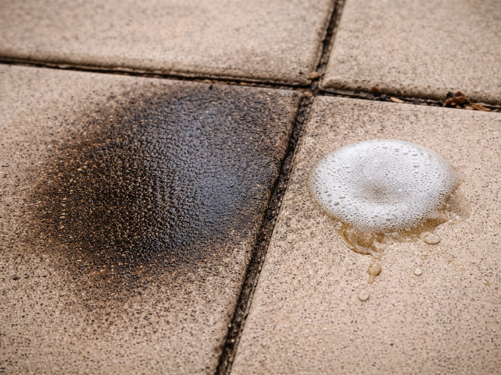 Closeup patio tile showing a dark grease/oil stain sheen next to a small alkaline degreaser presoak spot.