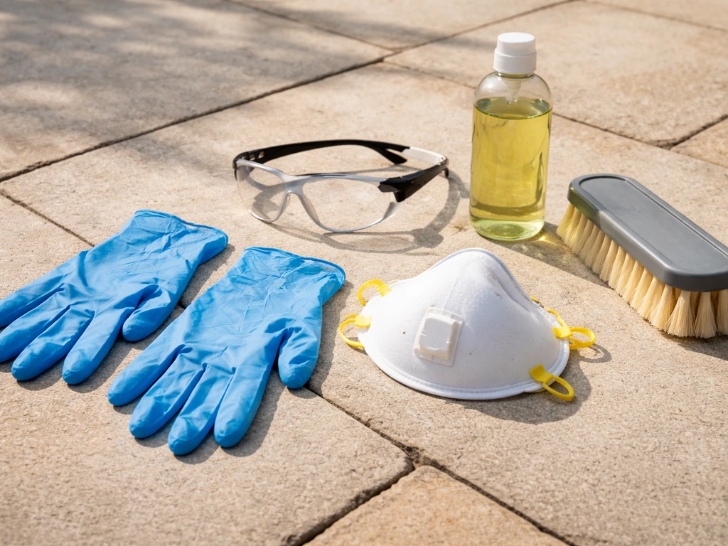 PPE kit layout on a patio surface: nitrile gloves, eye protection, and a respirator mask.