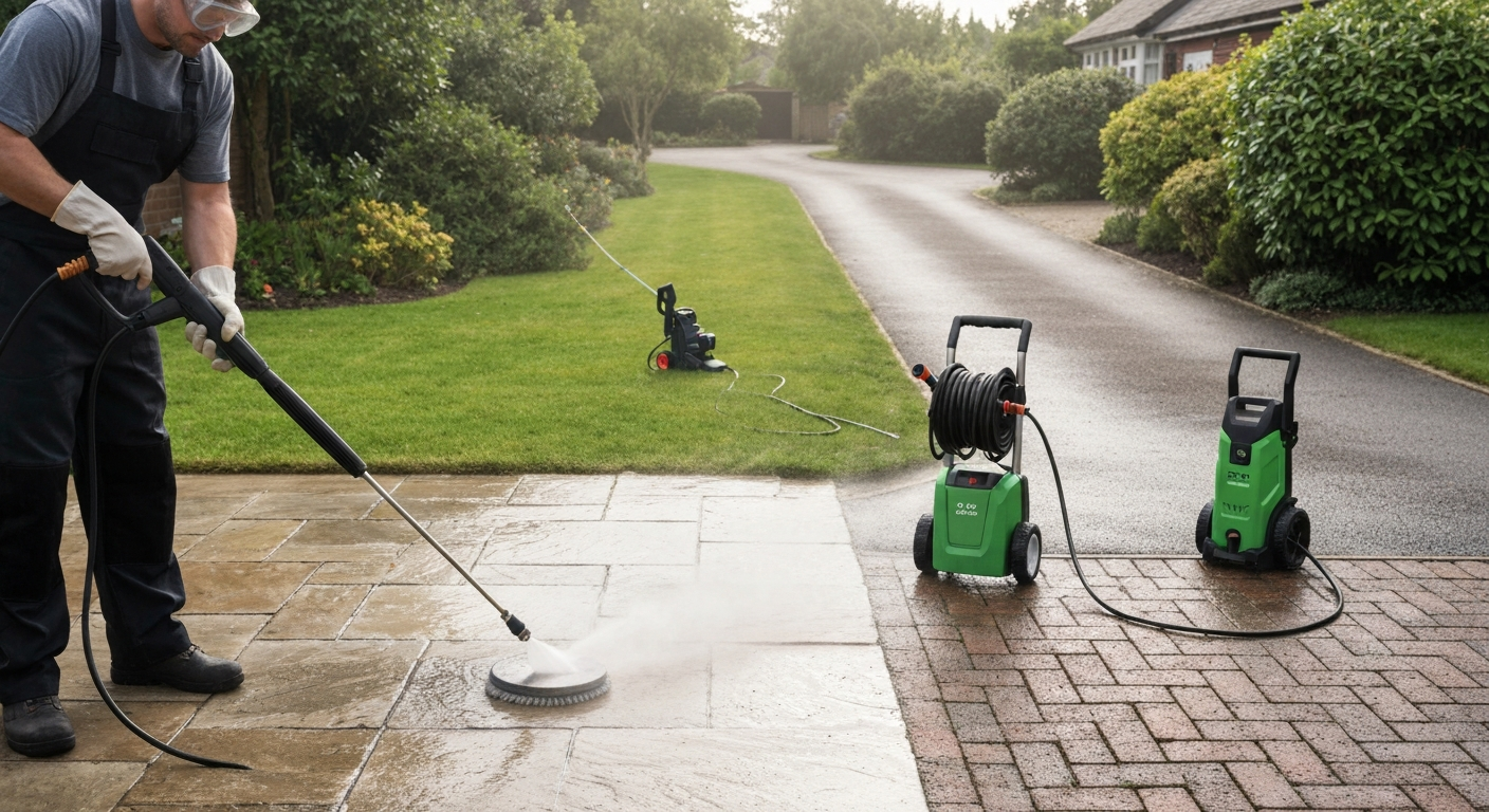 Homeowner using a surface-cleaner attachment on an unbranded pressure washer to clean a patio and driveway, showing a clear before-and-after.