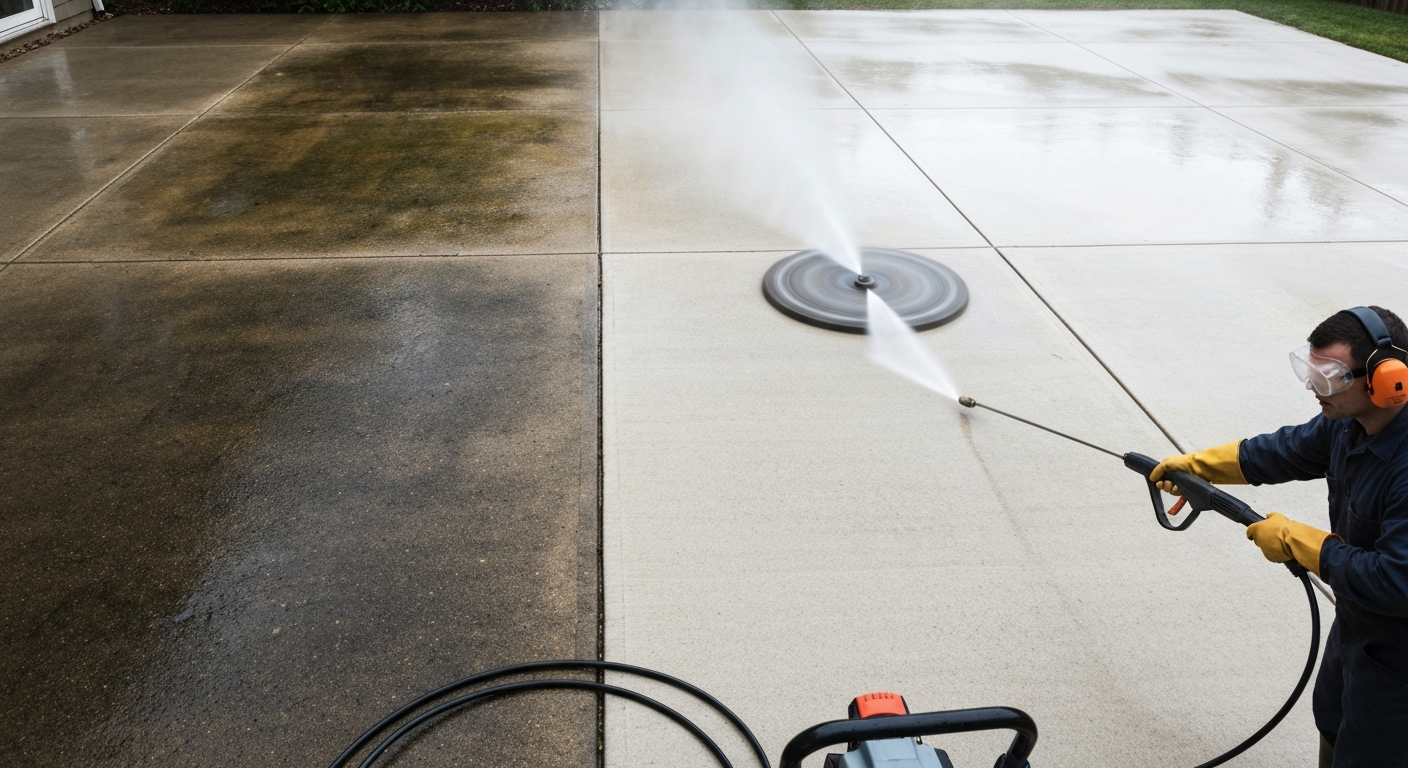 Photorealistic image of a pressure washer surface cleaner cleaning a concrete patio, showing a clear contrast between cleaned and dirty halves; operator is anonymous and wearing safety gear.
