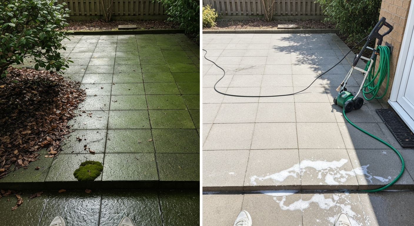Split-screen photo of the same patio: left side covered in green algae and moss with stained joints, right side freshly pressure-washed and clean, with a pressure washer and hose visible.
