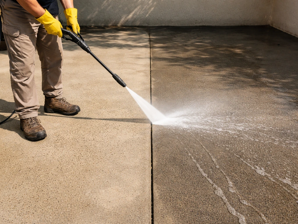 Late-morning jet washer cleaning a patio, showing freshly cleaned and lightly soiled sections with controlled water stre
