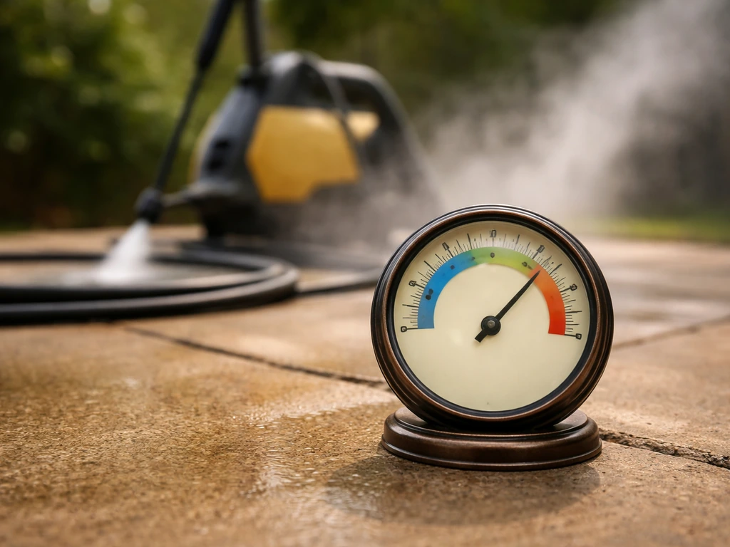 Outdoor thermometer/gauge close-up beside a patio pressure-washing setup with light water mist.