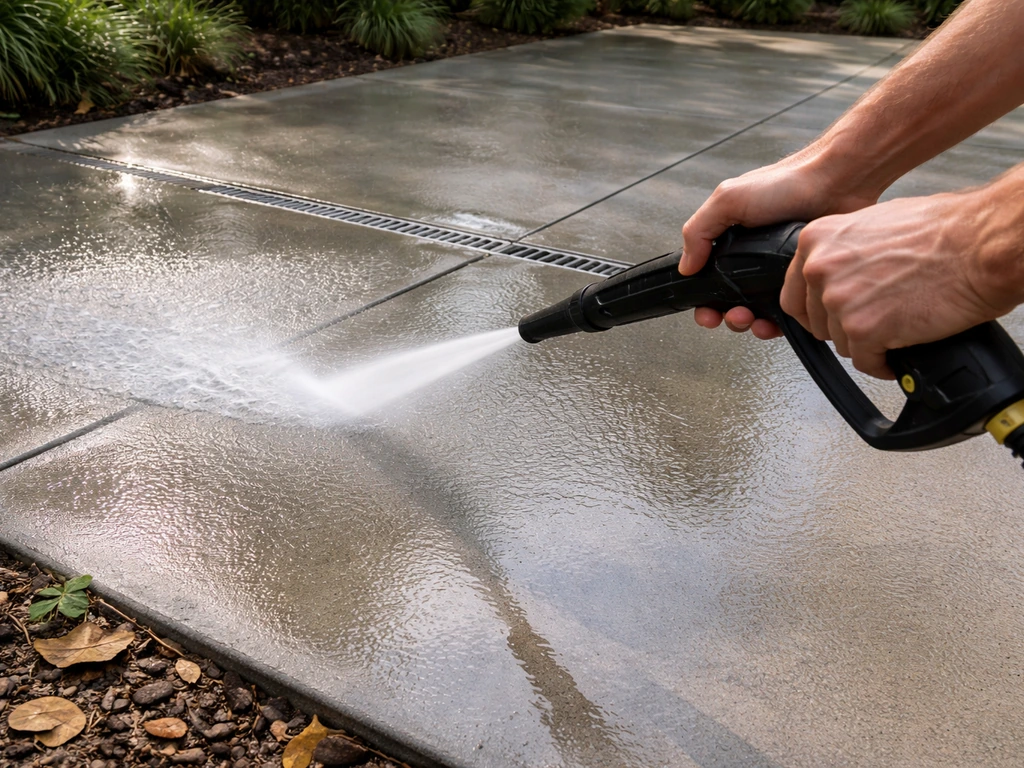 Hands jet-washing a concrete patio in mid-morning light, water flowing across the damp surface.