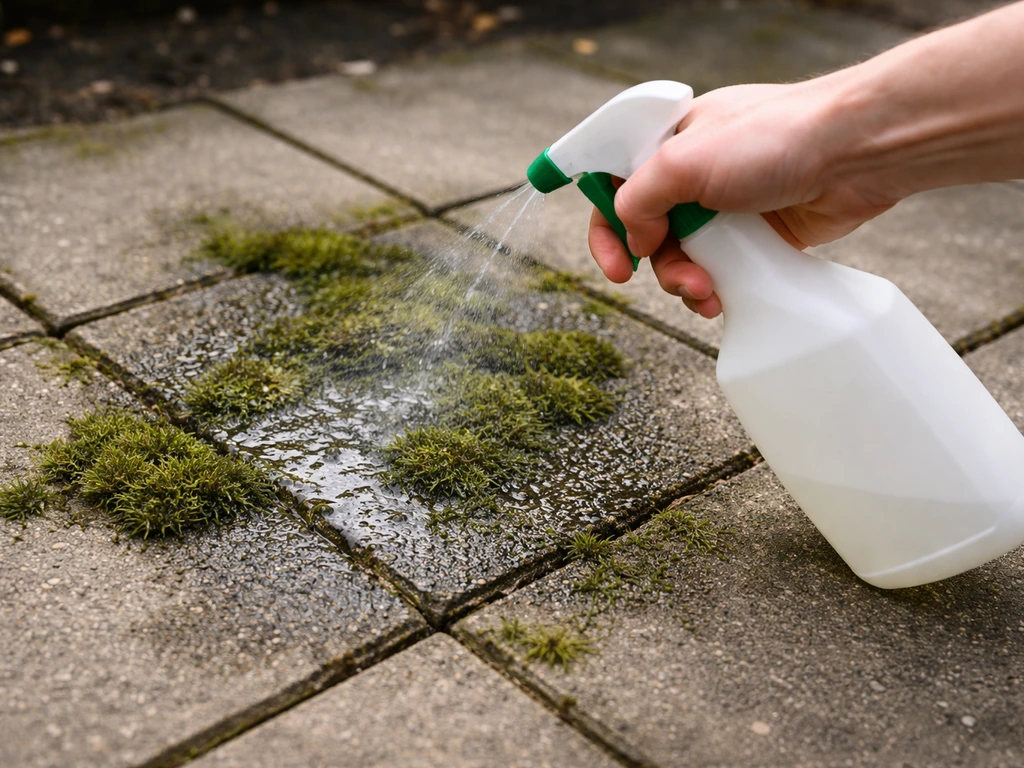 Hand applying patio cleaner to dark moss and algae spots on concrete, with wet dwell-time look.