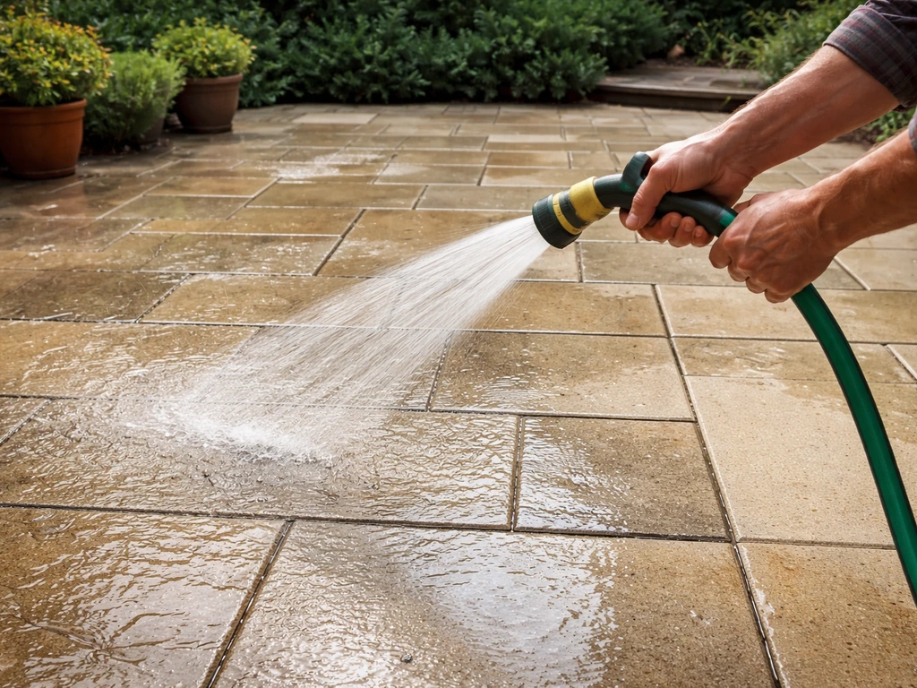Hands rinse a wet patio with a hose, leaving it uncovered to dry in open air.