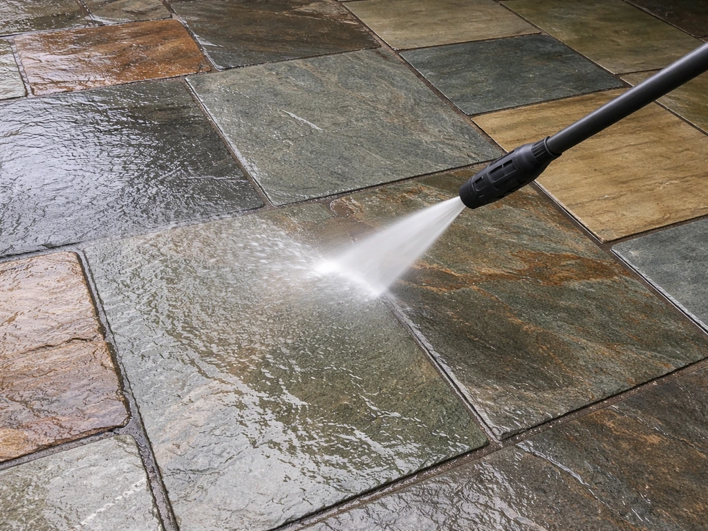Natural slate patio being gently pressure washed from a safe distance with controlled spray