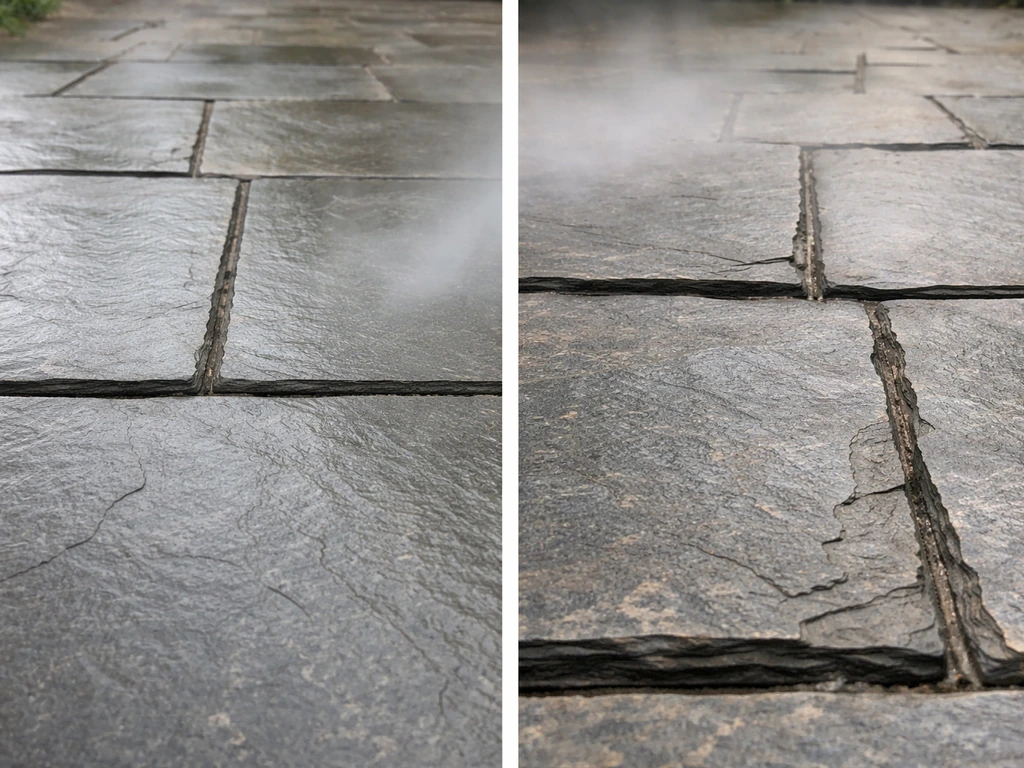 Split close-up of intact slate tiles versus weathered slate with layered cracking and worn edges.