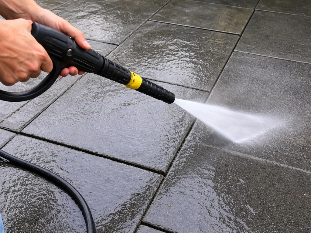 Close-up of a pressure washer wand angled over slate patio tiles with correct standoff distance.