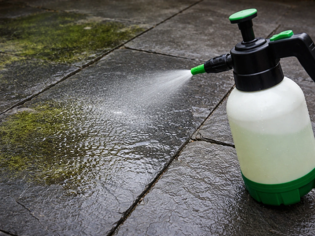 A garden sprayer applying algae/mold remover to a wet slate patio with green growth