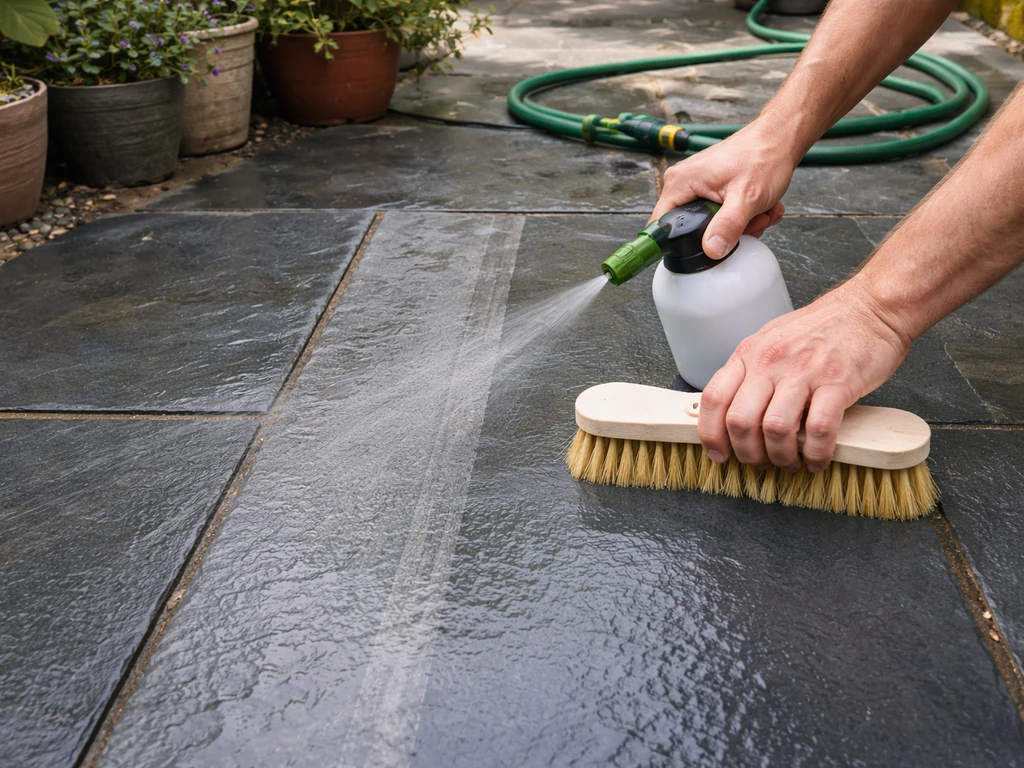 Slate patio being cleaned with a scrub brush, showing corrected streak-free results after a second pass.